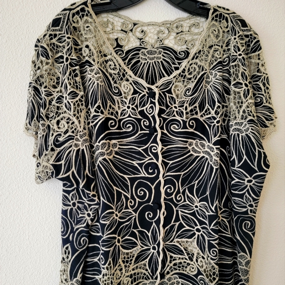 Black and cream cut out flower,  hand work Bali Blouse.